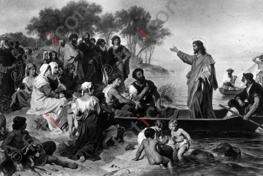 Jesus predigt am See Genezareth | Jesus preaches on the Sea of Galilee - Foto simon-134-072-sw.jpg | foticon.de - Bilddatenbank für Motive aus Geschichte und Kultur